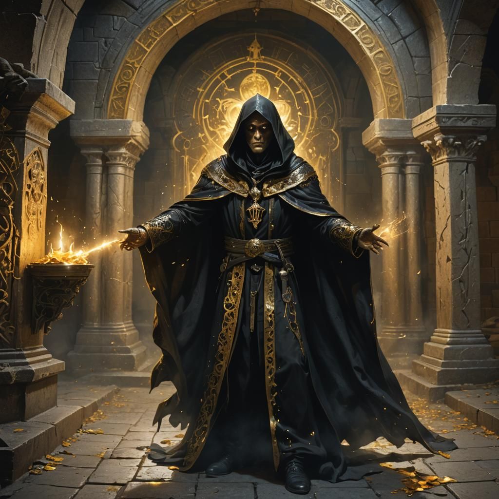 necromancer man wearing a black and gold cloak in a crypt casting a spell