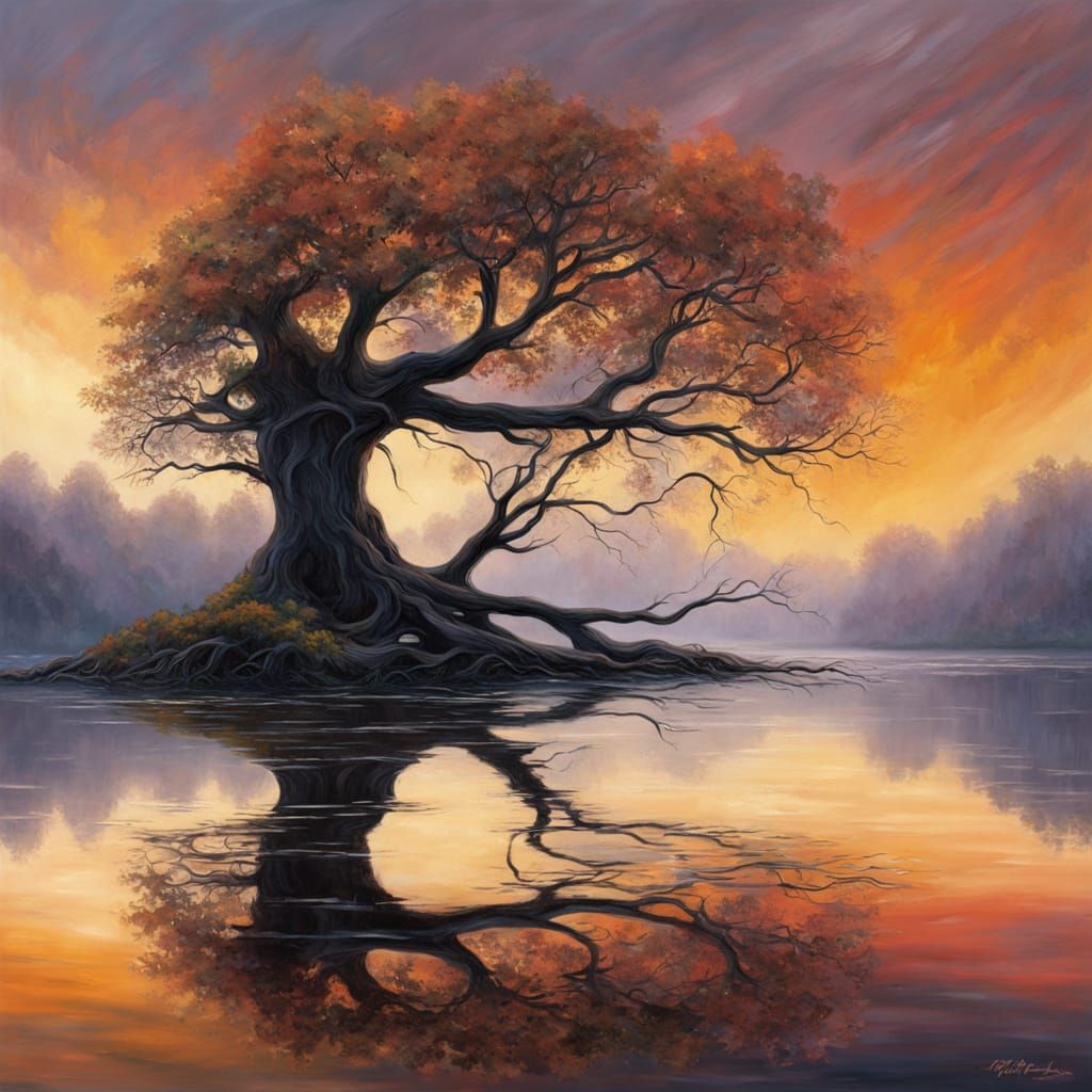 Ancient Tree Amidst Golden Sunset on Misty Riverbank