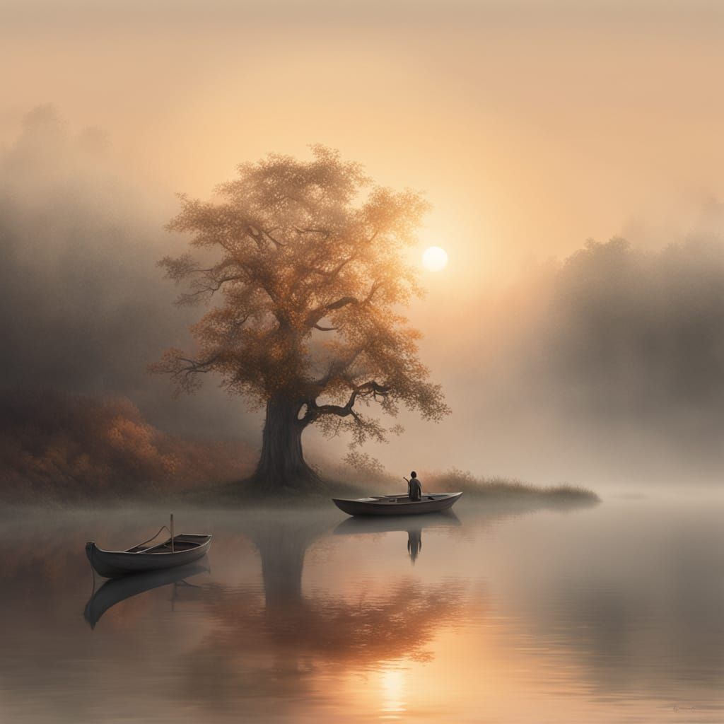 Misty Riverbank Scene in Hyperrealistic Surrealism Style