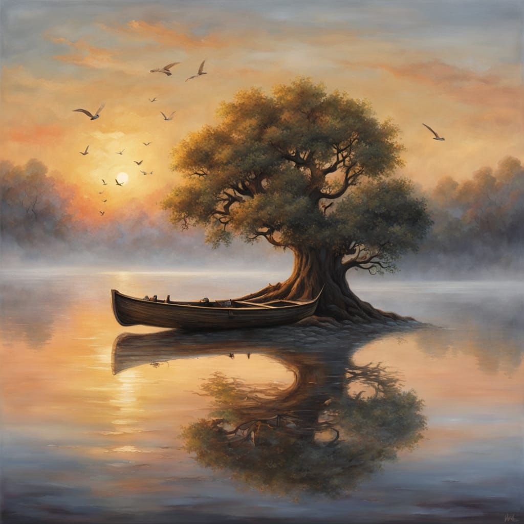 Misty Riverbank Serenity in Hyperrealistic Style
