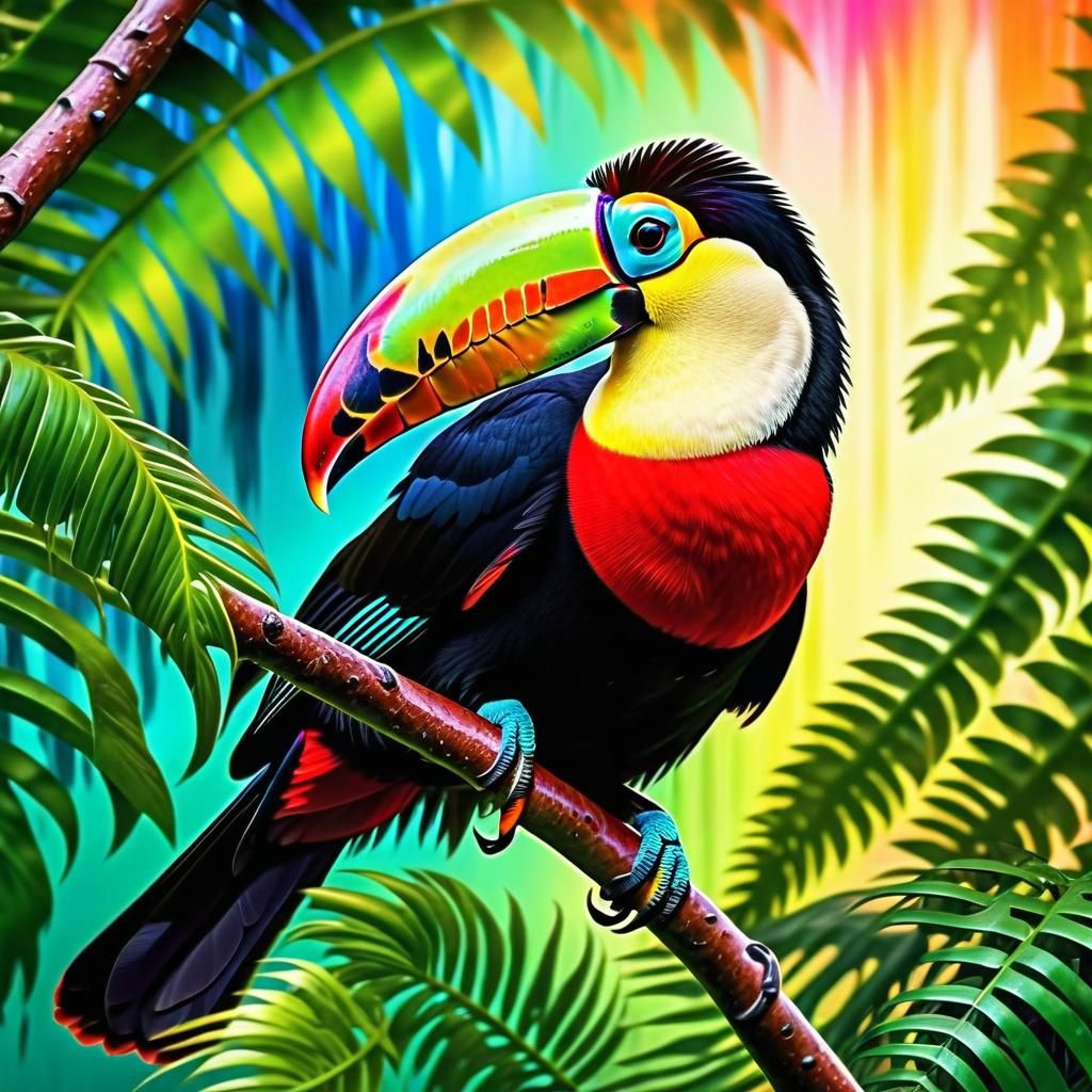 Hyperrealistic Toucan in Psychedelic Rainforest, HDR