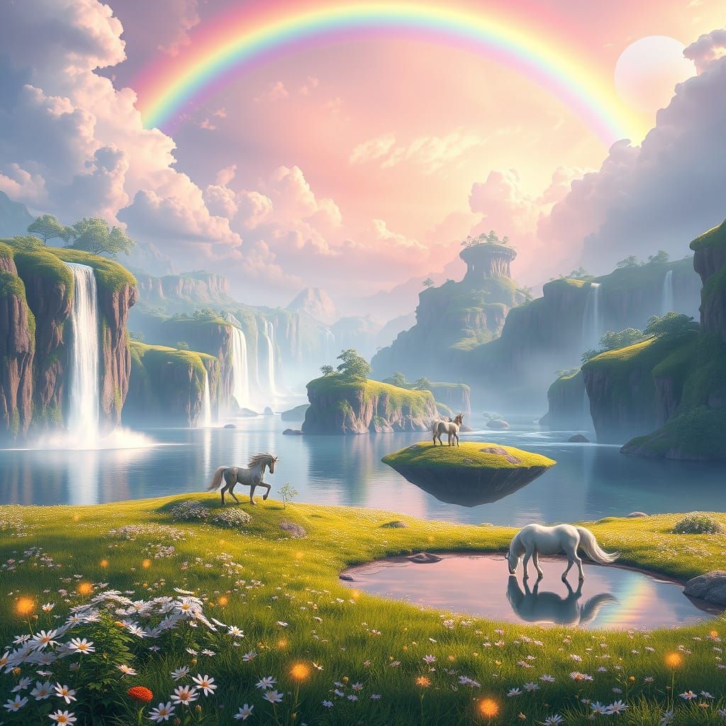 Floating Islands with Rainbow in Anime Style