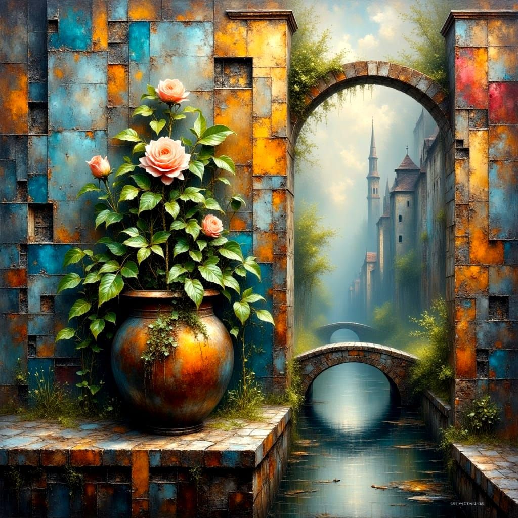 Vibrant Rose Blooms Amidst Ancient, Corroded Wrought Iron Pa...