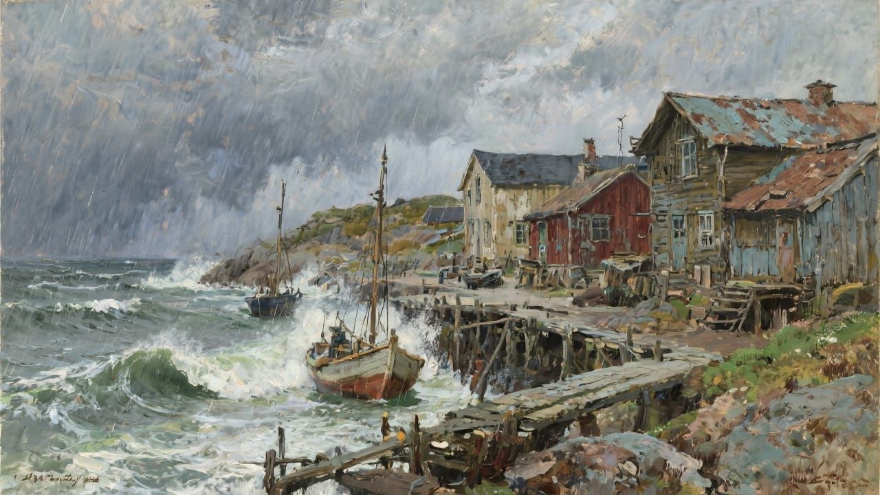 Stormy Coastal Village in Painterly Style