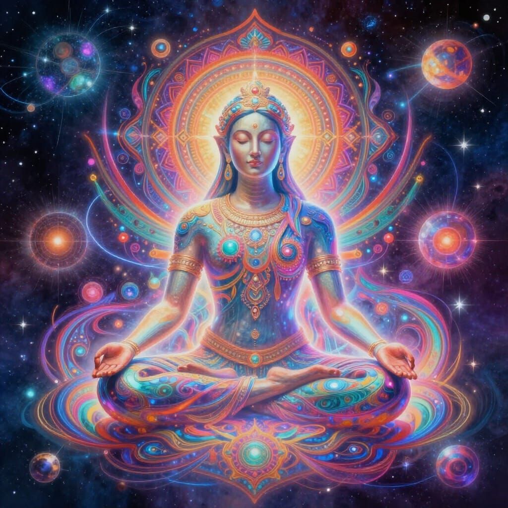 Meditating Figure Radiates Cosmic Light