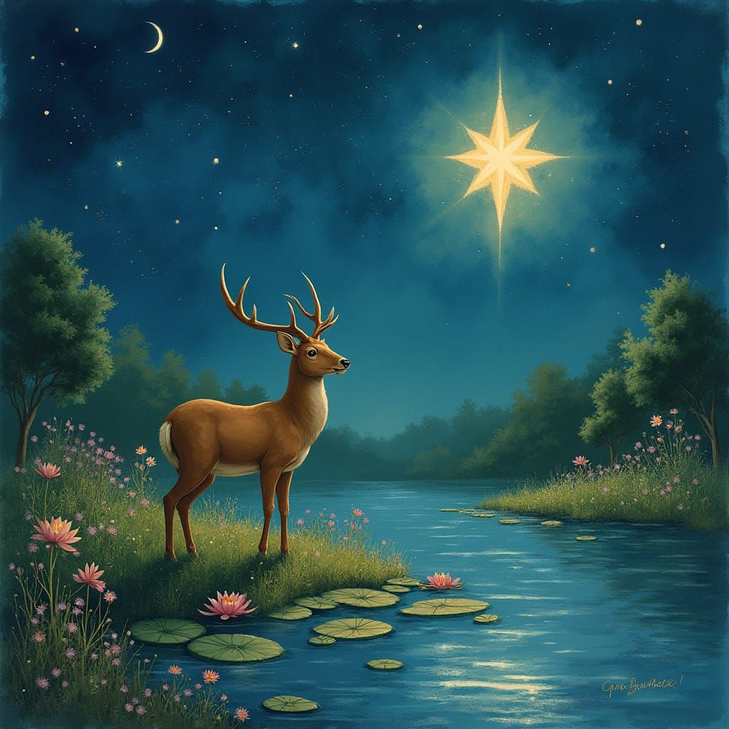 Celestial Starlight Illuminates Deer by Whimsical Watercolor...