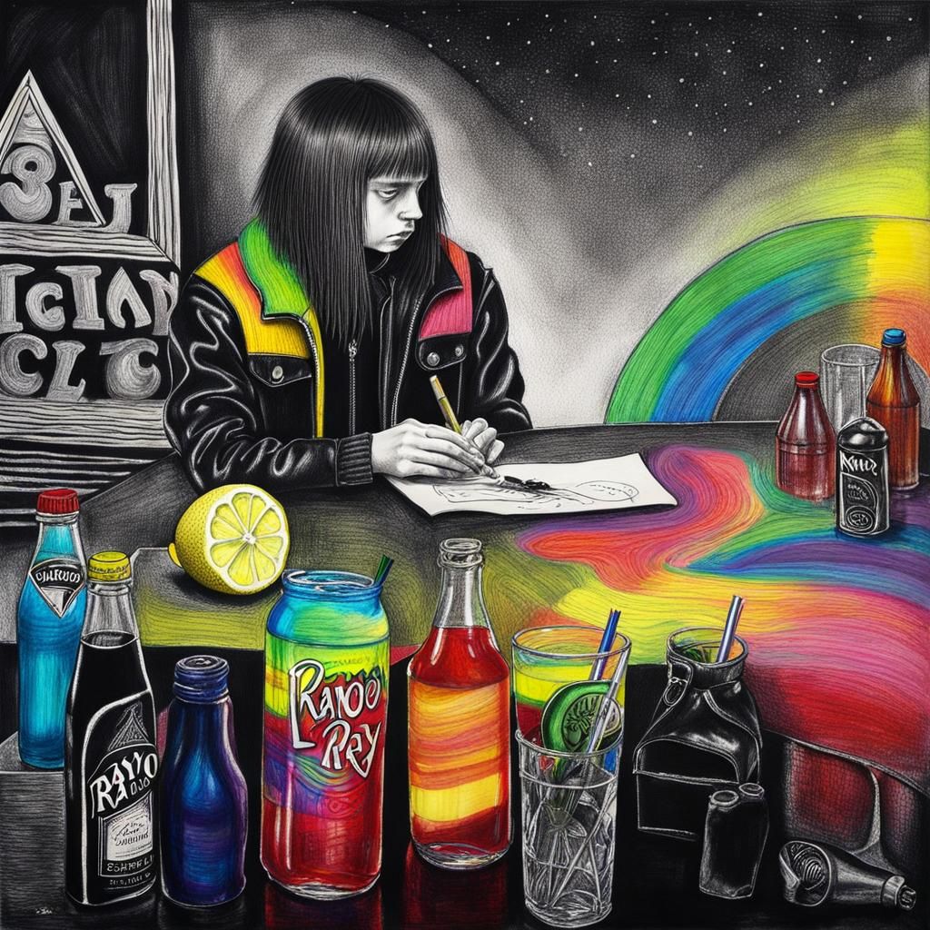 Gloomy Goth Teen: Surreal Crayon Drawing with Rayograph