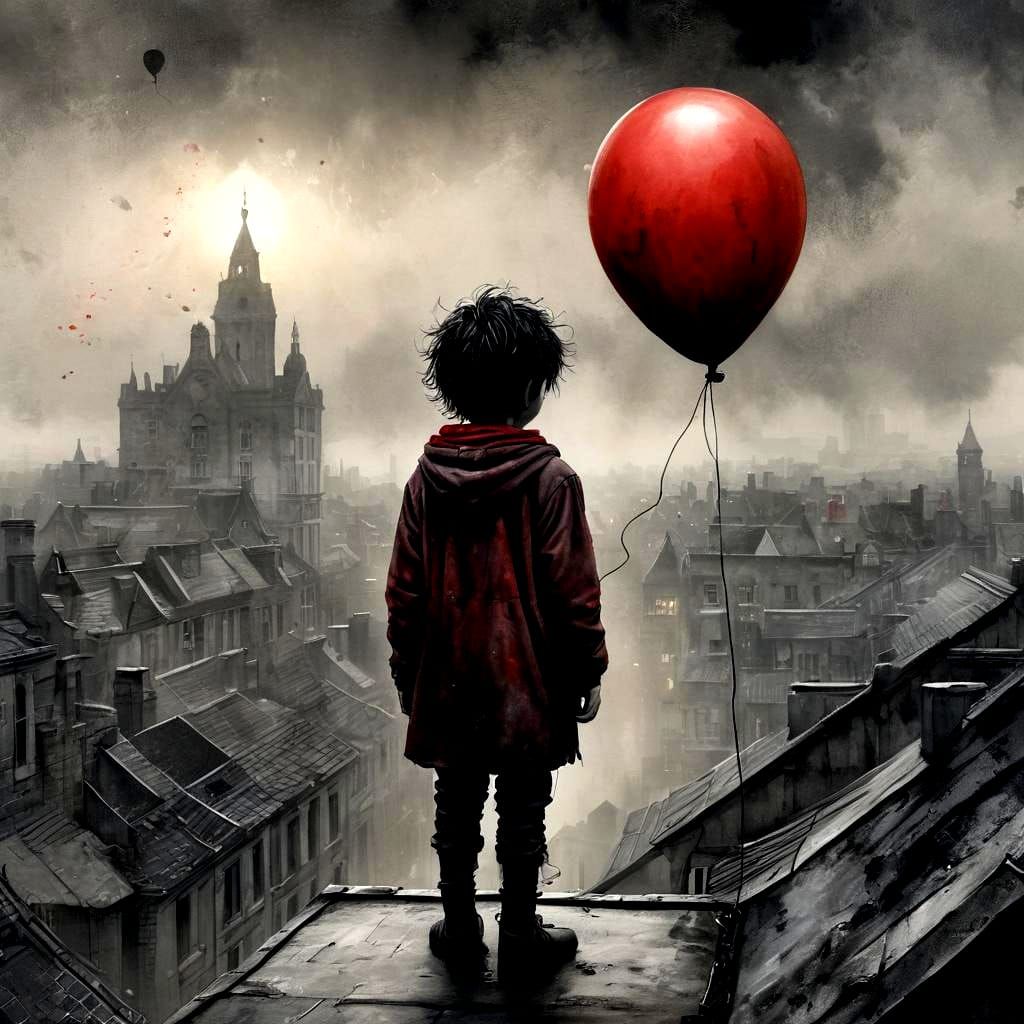 Gothic Boy with Balloon: Hyperdetailed Watercolor Art