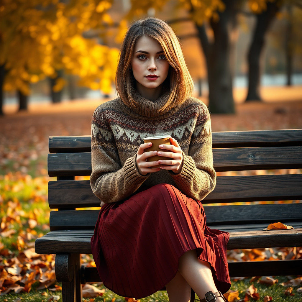 Autumnal Woman with Latte in Park, Fantasy Matte Painting