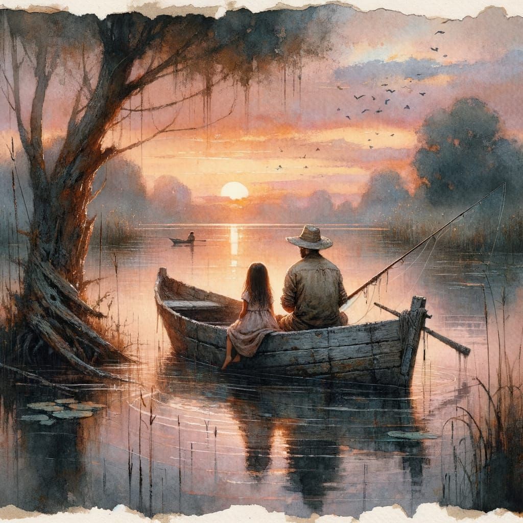 Sunset Fishing: A Melancholic Watercolor Painting