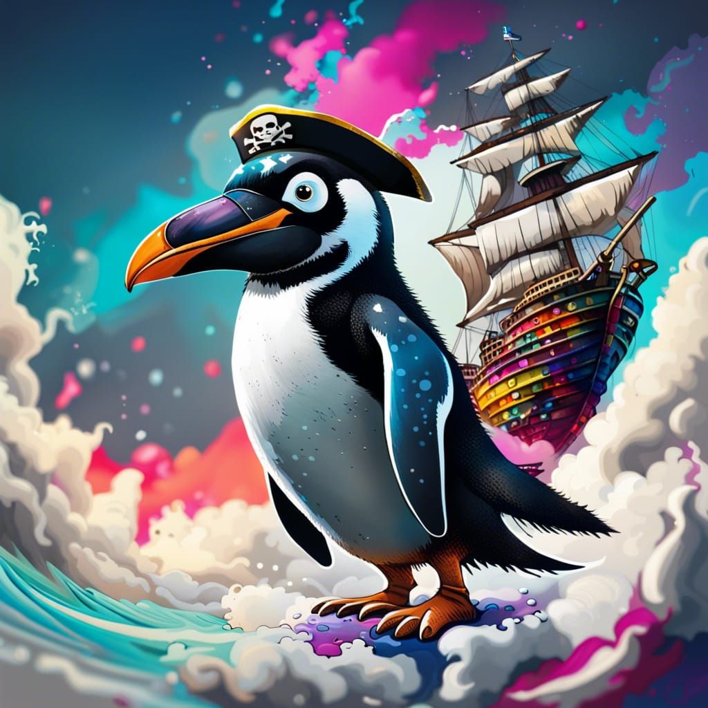 Pirate Penguin on Ship in Graffiti Street Art