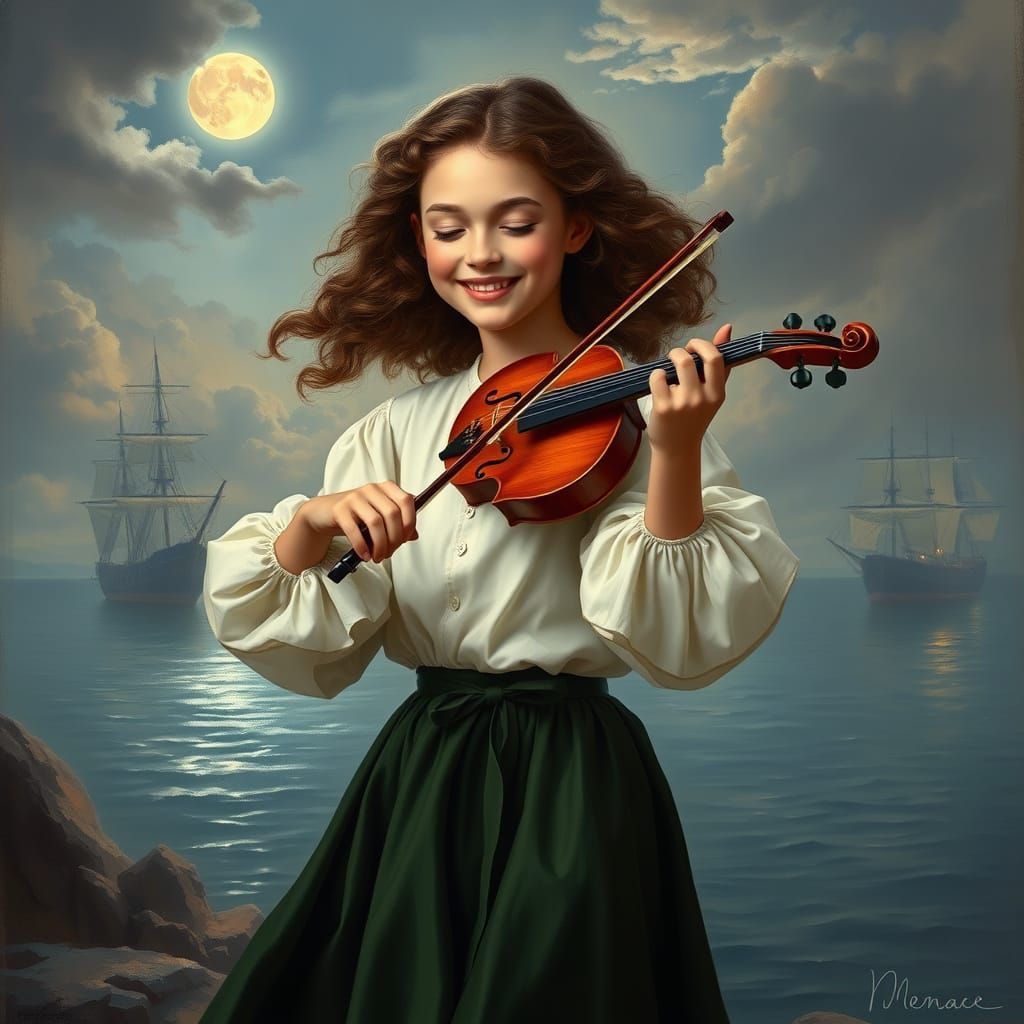 Romantic Teen Girl Plays Violin Amidst Majestic Seascapes