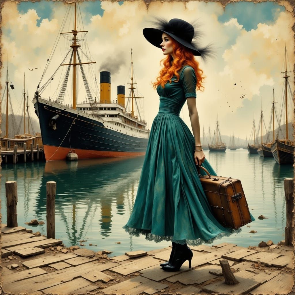 1920s Woman on Docks in Textured Collage Style