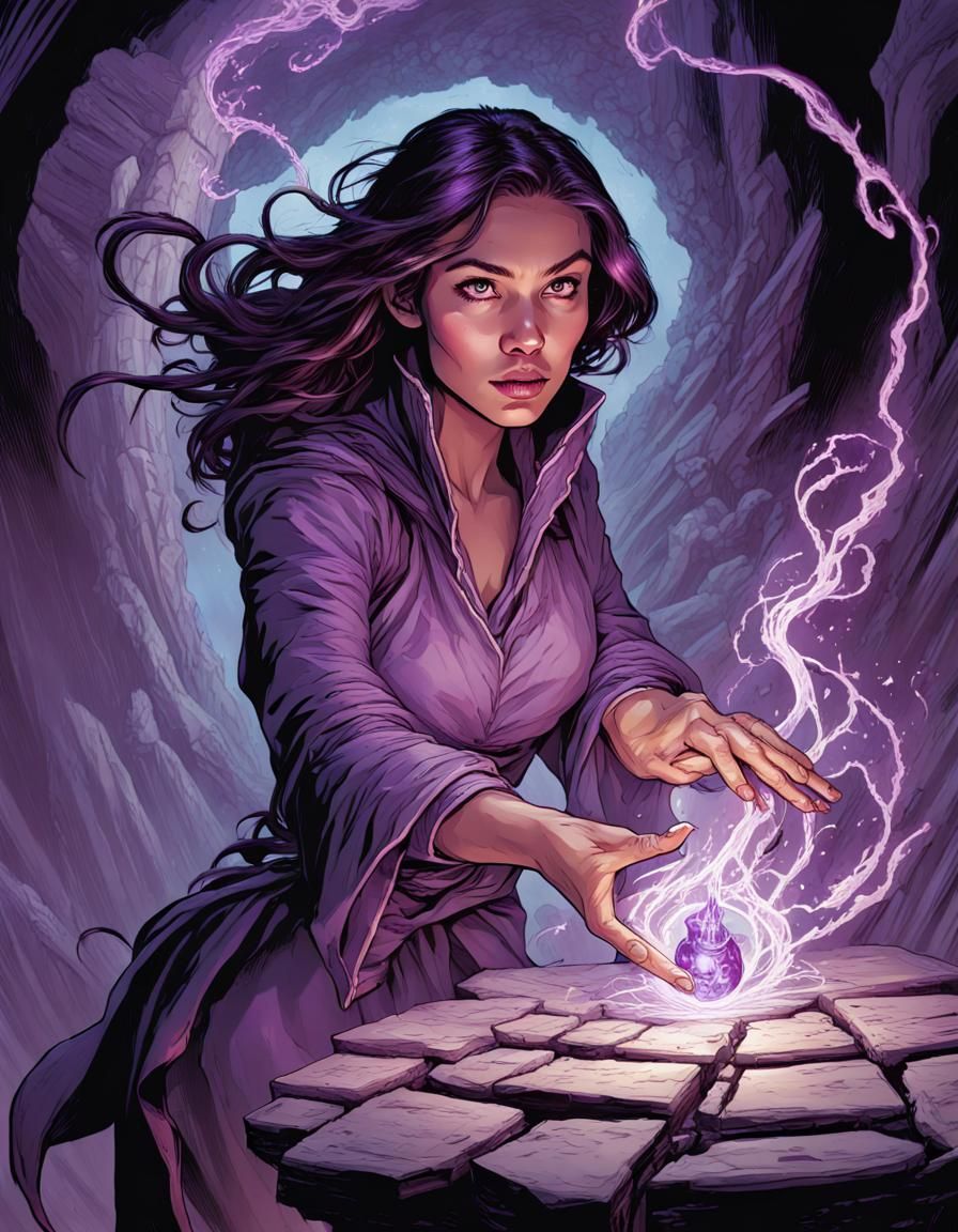 Female Sorcerer Casting Magic in Comic Book Style