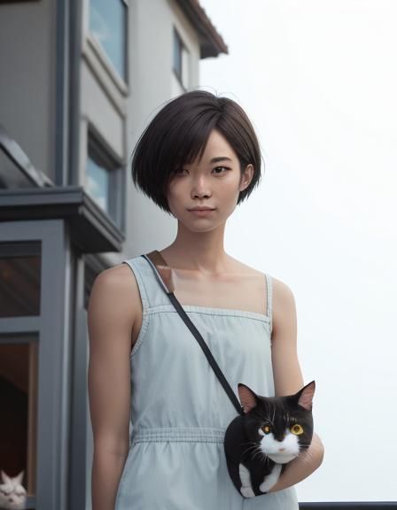 Moonlit BBQ with Girl and Cats on Balcony