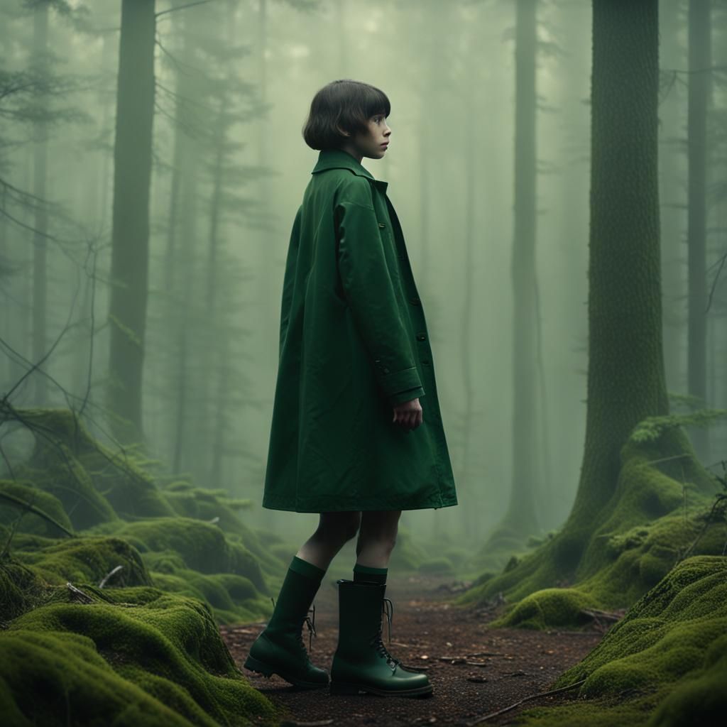 Girl in Green Coat in Misty Forest: Cinematic Photo