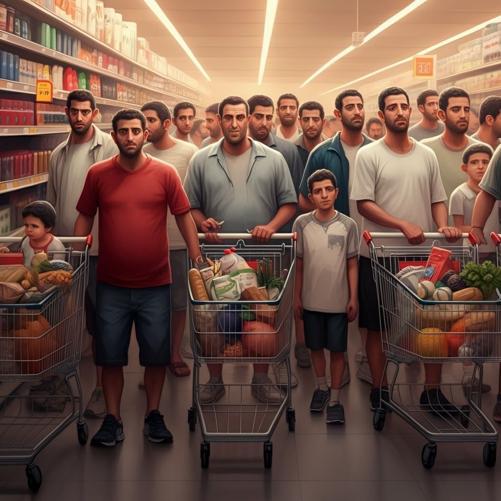 Hyperrealistic Supermarket Queue of Israeli Men and Boys