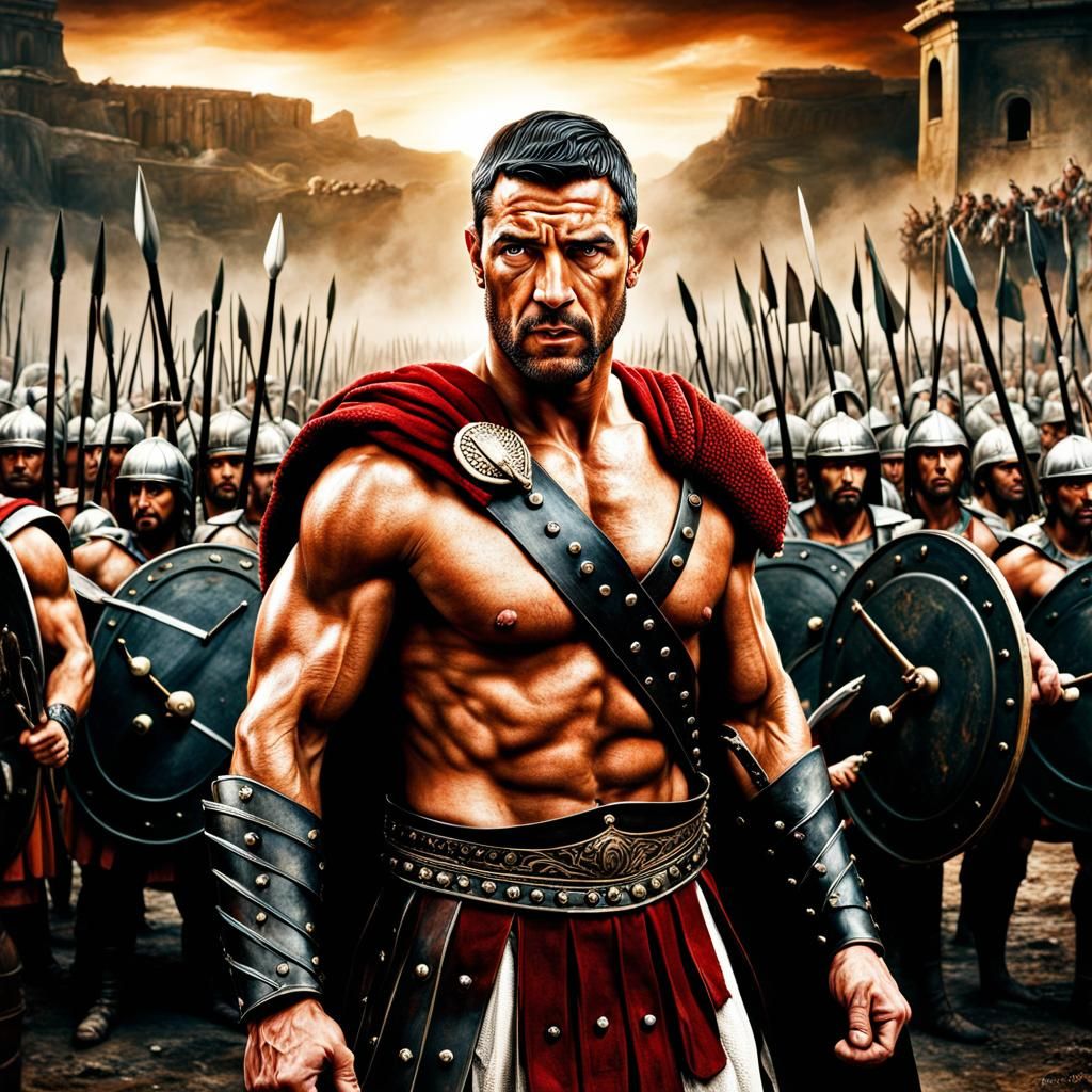 Painting of Spartacus in front of his army of gladiators