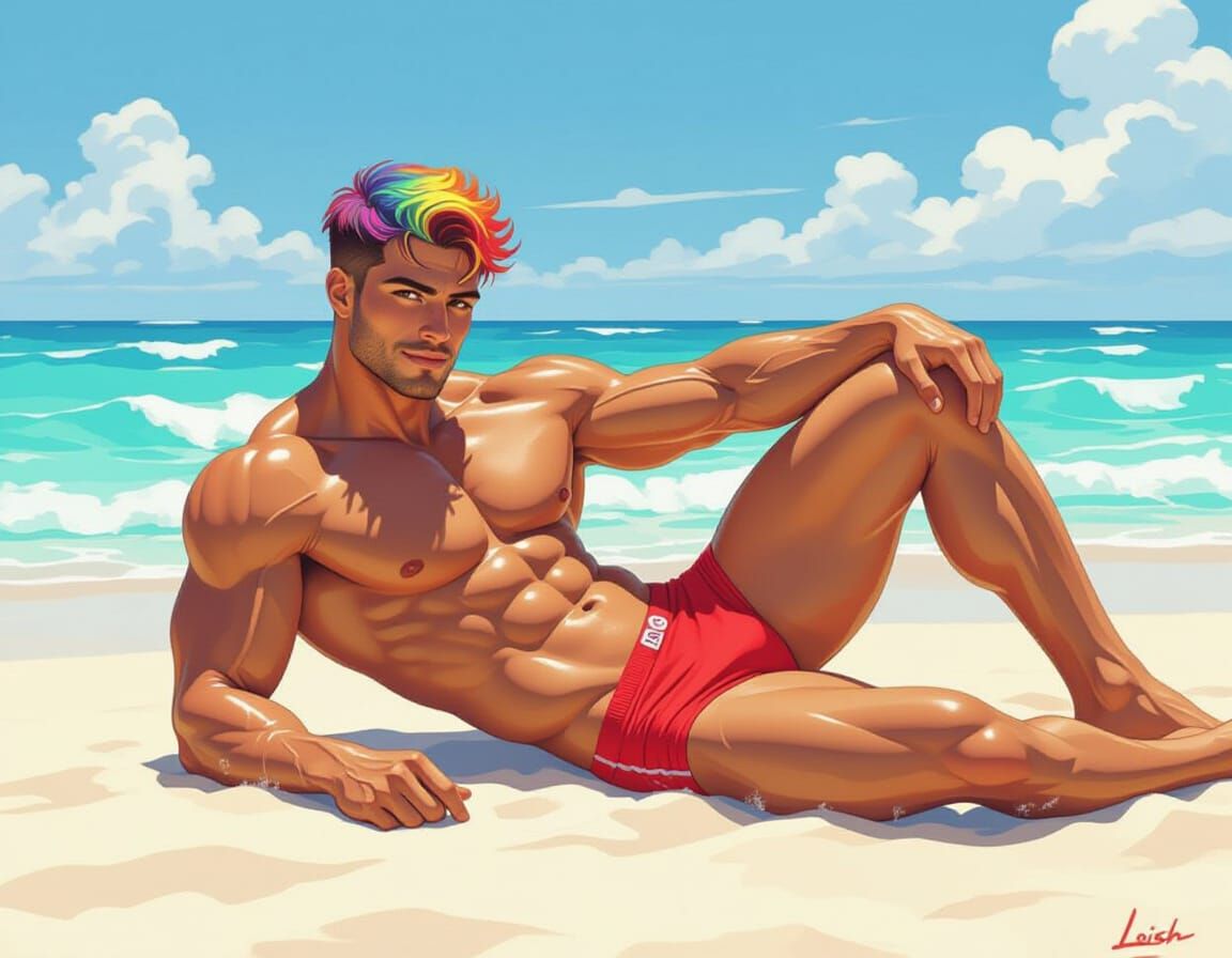 Hyper-Muscular Man on Sunlit Beach in Anime Style