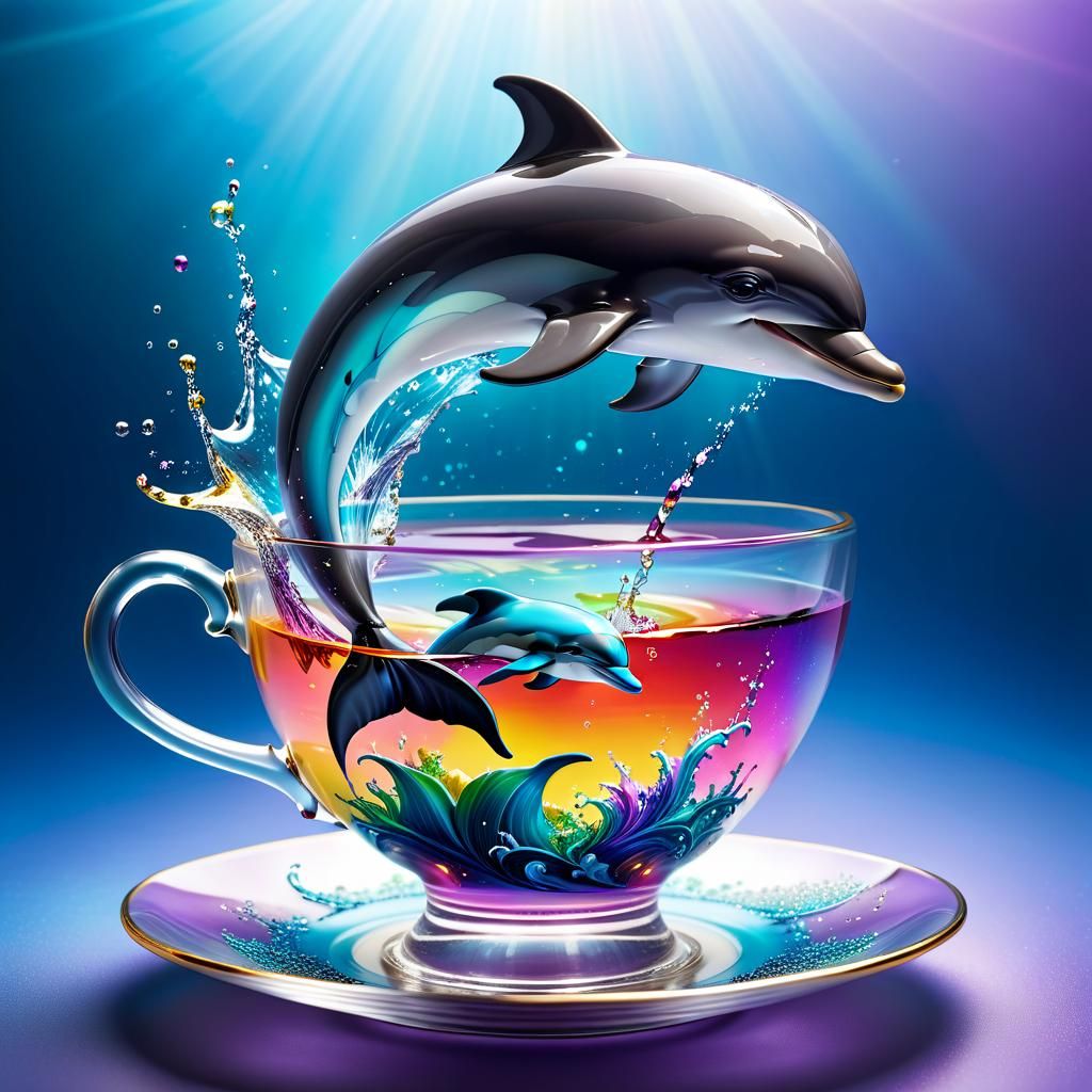 Dolphin in Teacup: Hyperrealistic Splash Art