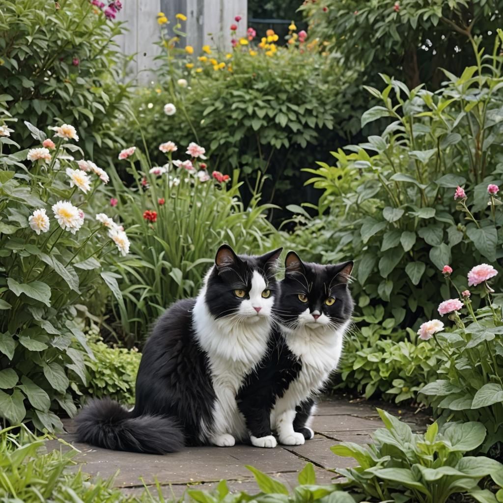 Fluffy Black and White Cat in Garden