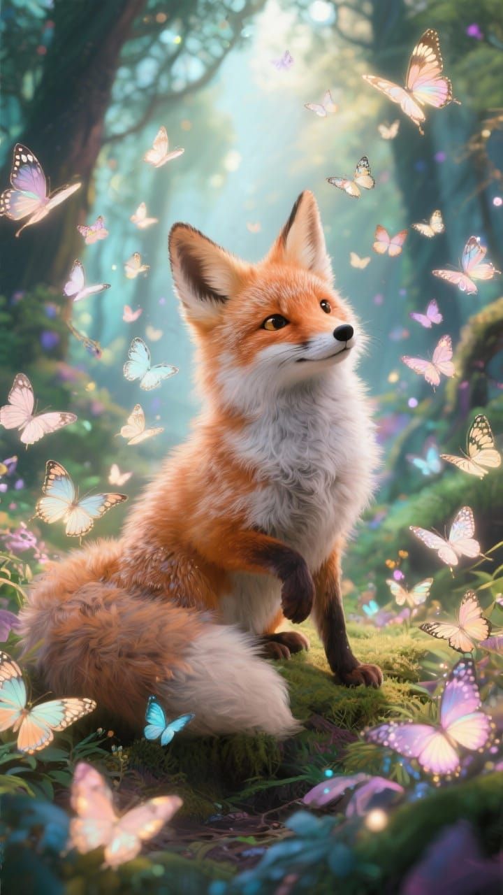Fox with Glowing Butterflies in Magical Forest