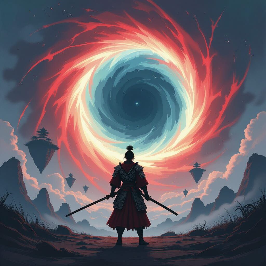 Samurai Against Cosmic Vortex in Ink Wash Anime Style