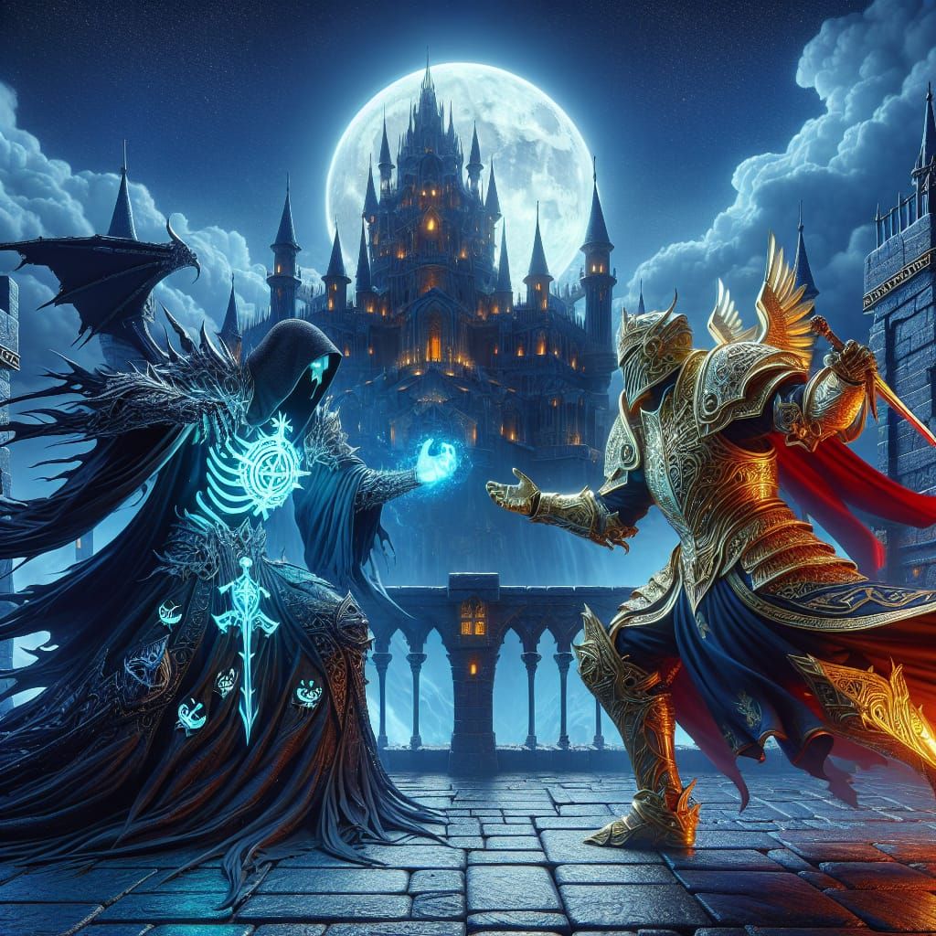 Dark Mage vs Knight: Rooftop Battle in Matte Painting Style