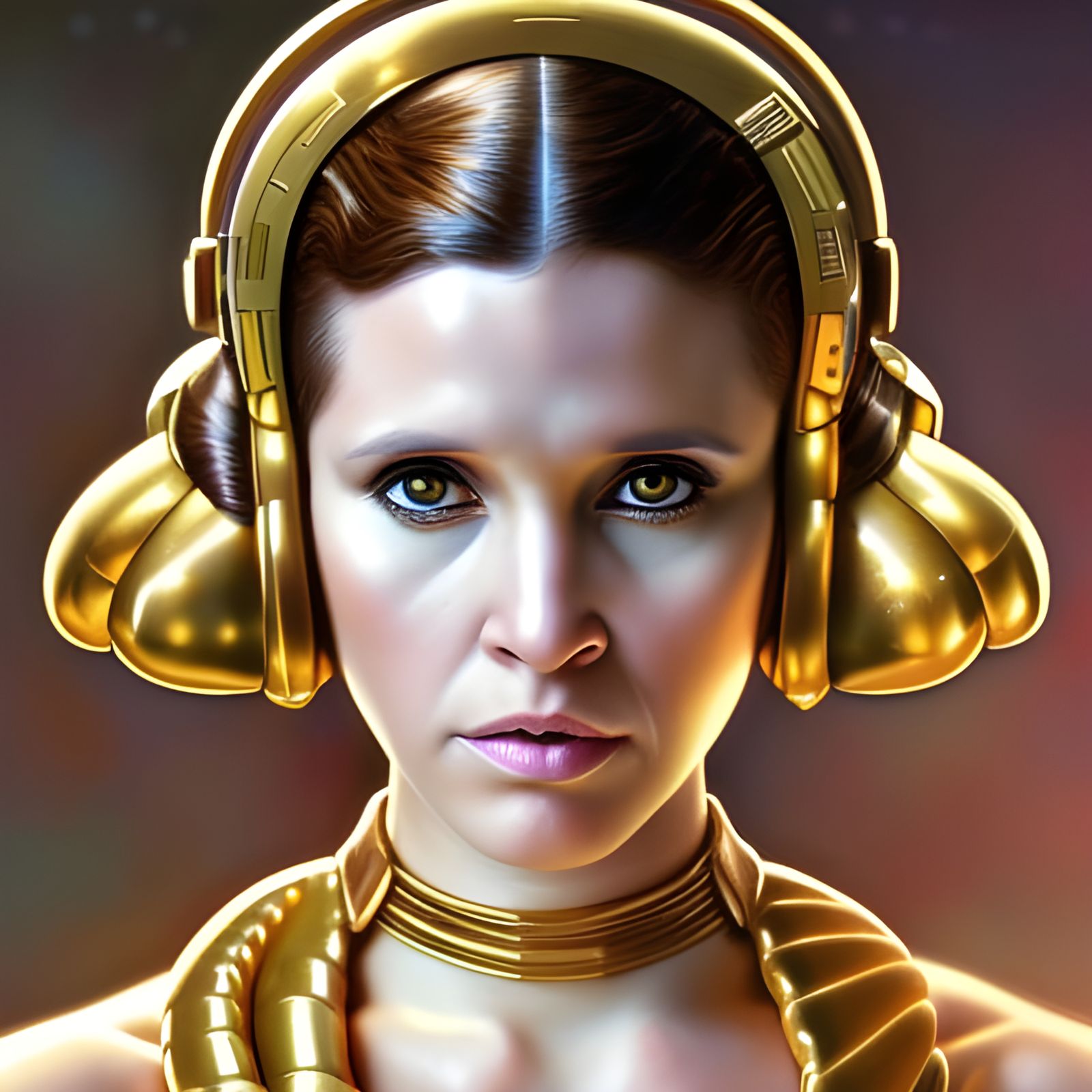 Hyperrealistic Portrait of Princess Leia in Gold Bikini