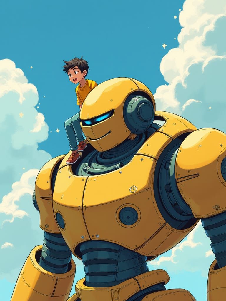 Boy and Robot Titan Friends Under Sunny Sky