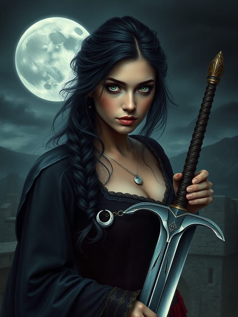 Moonlit Swordswoman Guardian in Renaissance Style