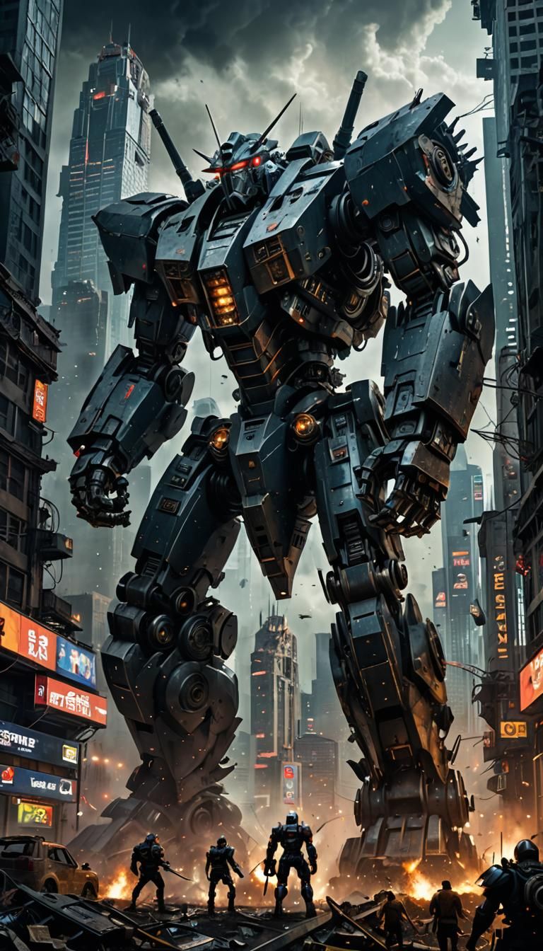 Robot Battle in City Ruins: Expressionistic Style