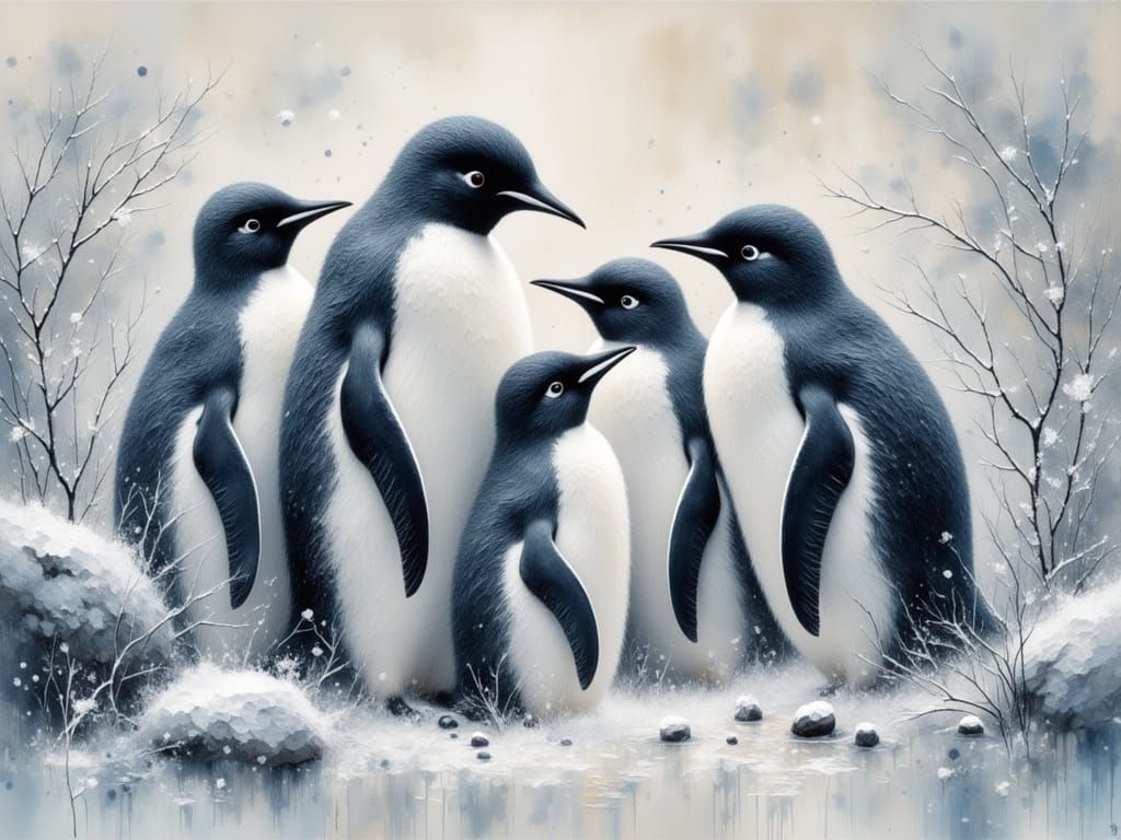 Penguins in Renaissance Impasto Style with Grunge Textures