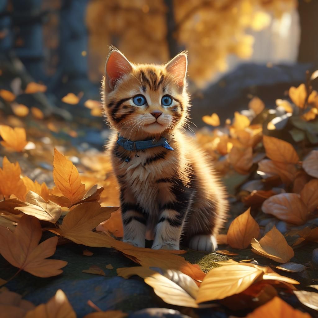 Kitten Plays in Autumn Leaves: Unreal Engine Concept Art