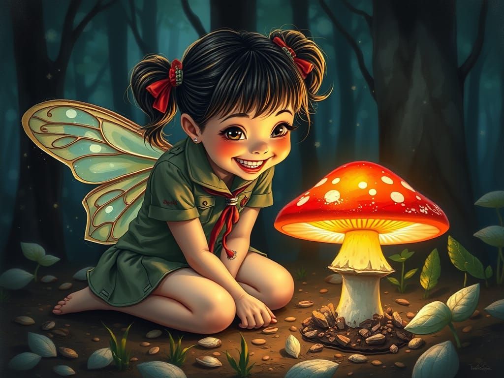 Whimsical Girl Scout Fairy Discovers Glowing Mushroom in Enc...
