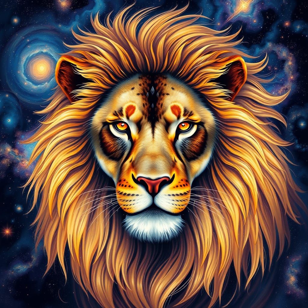 Cosmic Lion Portrait in Celestial Style