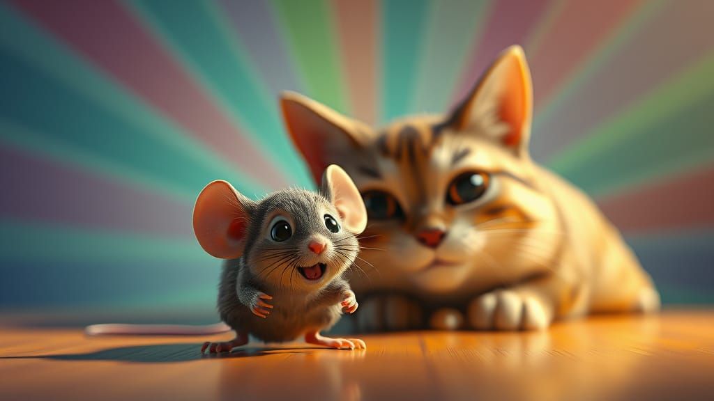 Frightened Mouse Hiding From Cat: 3D Digital Art