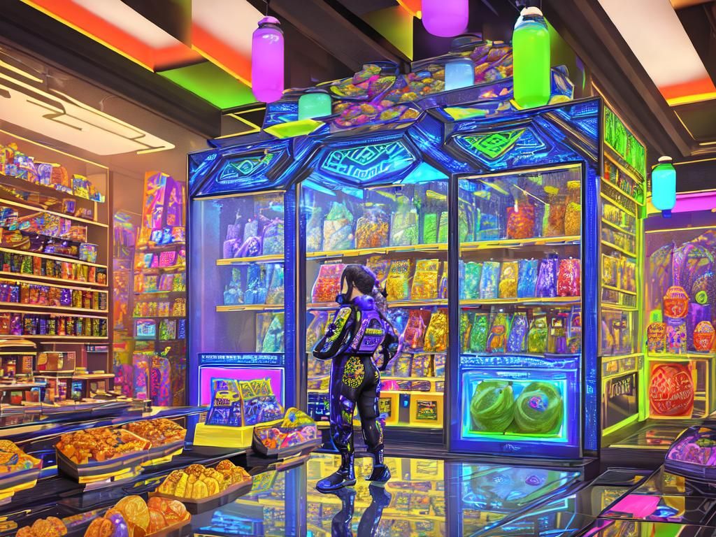 Hyperrealistic Futuristic Store Scene with Snacks and Drinks