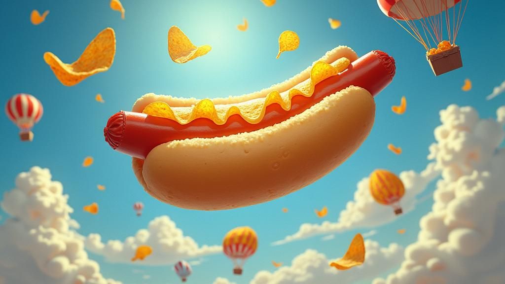 Flying Hotdogs with Condiment Parachutes, Whimsical Illustra...