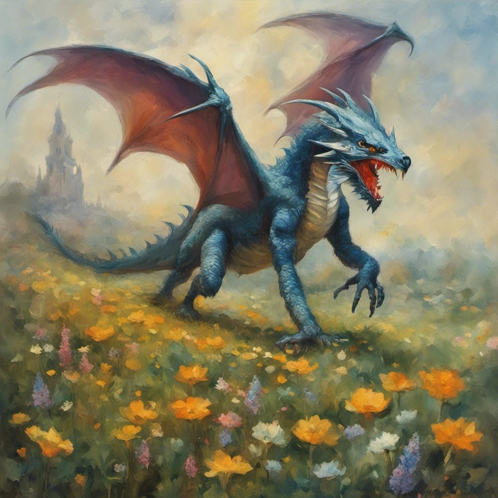 Dragon Eats Knight in Impressionist Wildflower Field