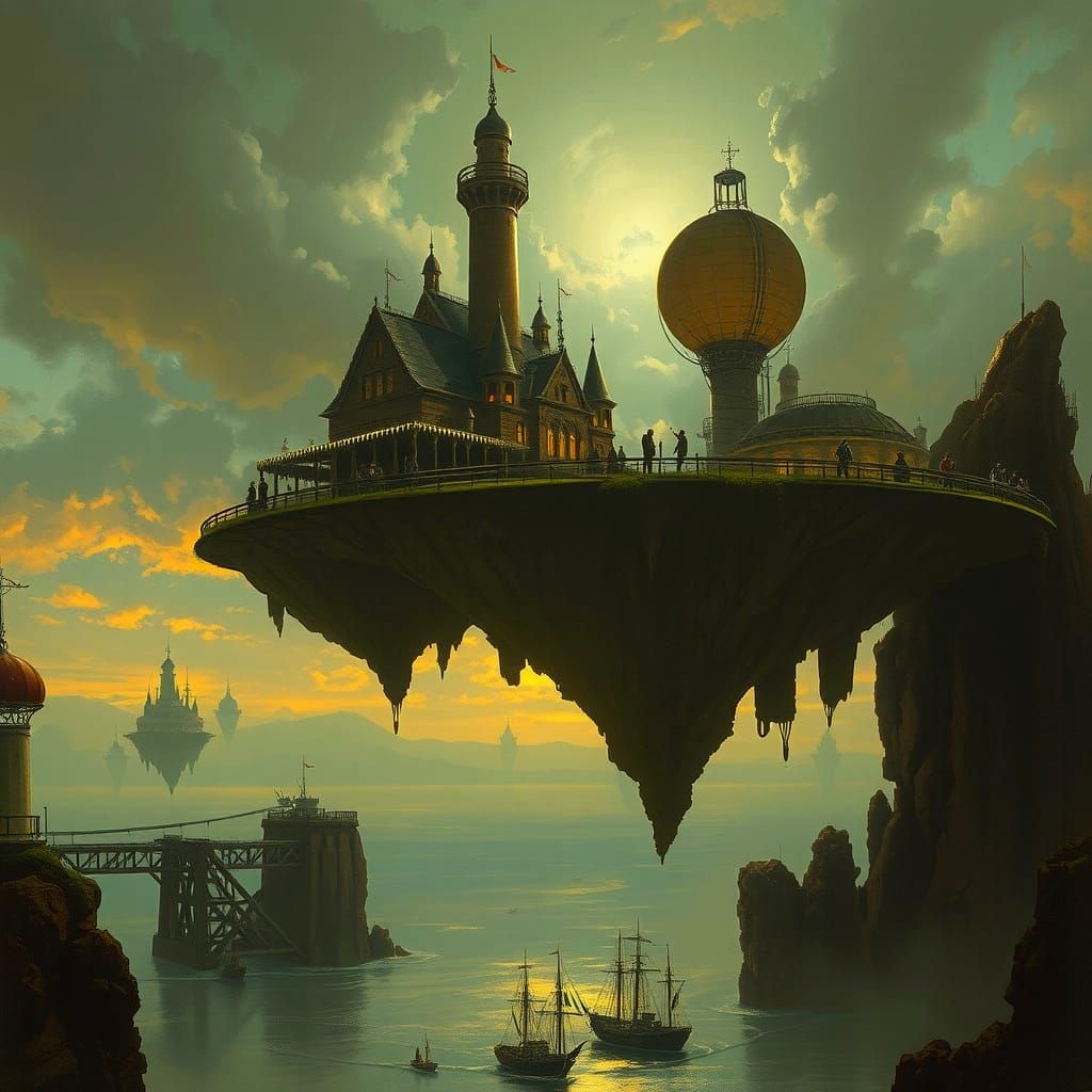 Steampunk Gothic Floating Island in Sienkiewicz Style
