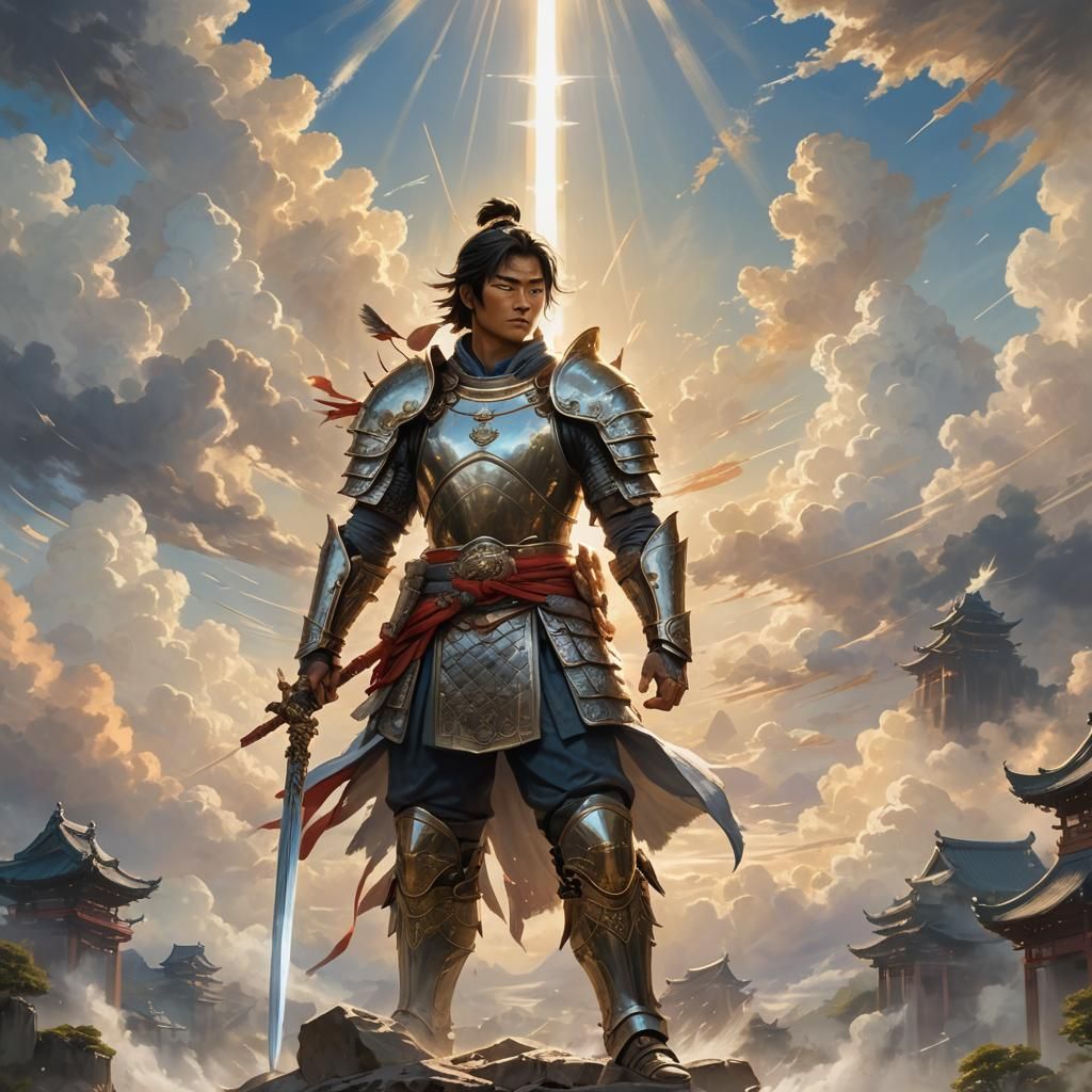 Asian Warrior with Swords in Dreamy Light