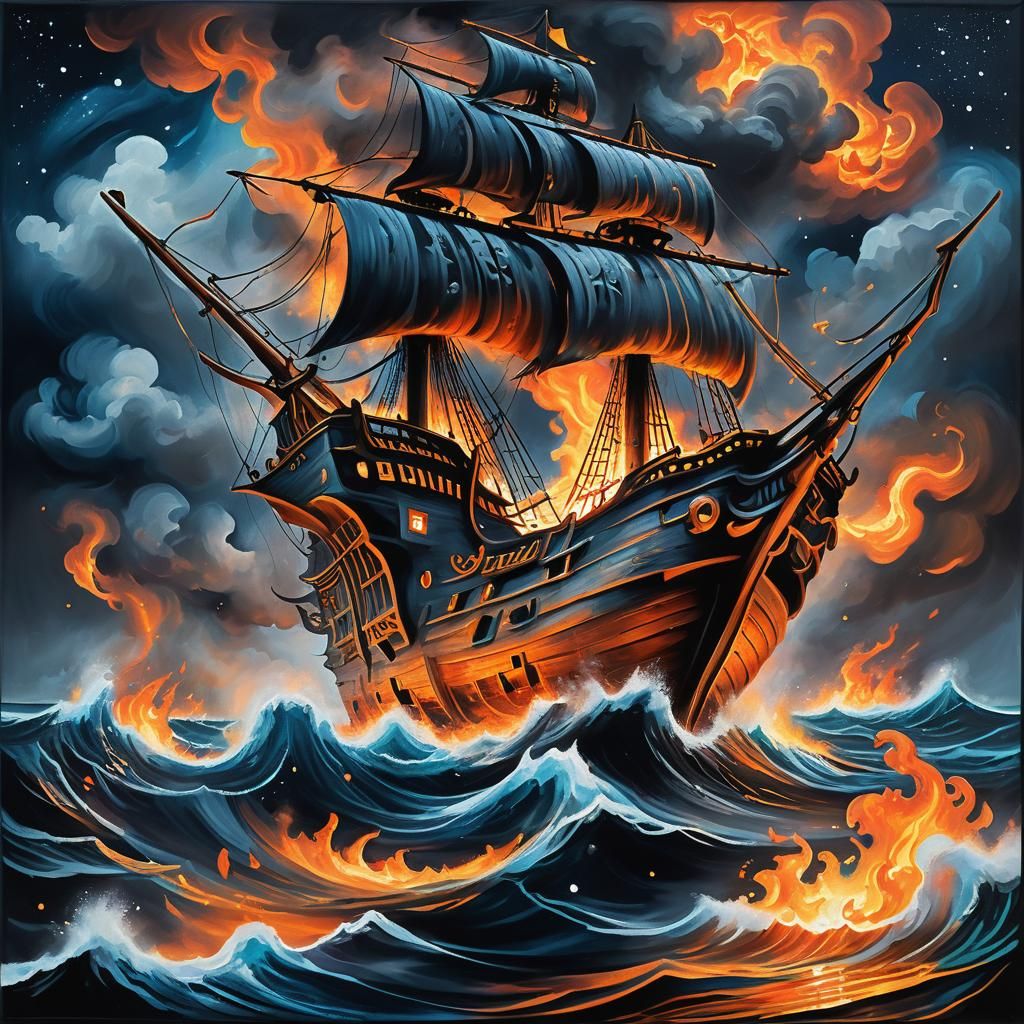 Burning Pirate Ship at Sea: a Cosmic Oil Painting