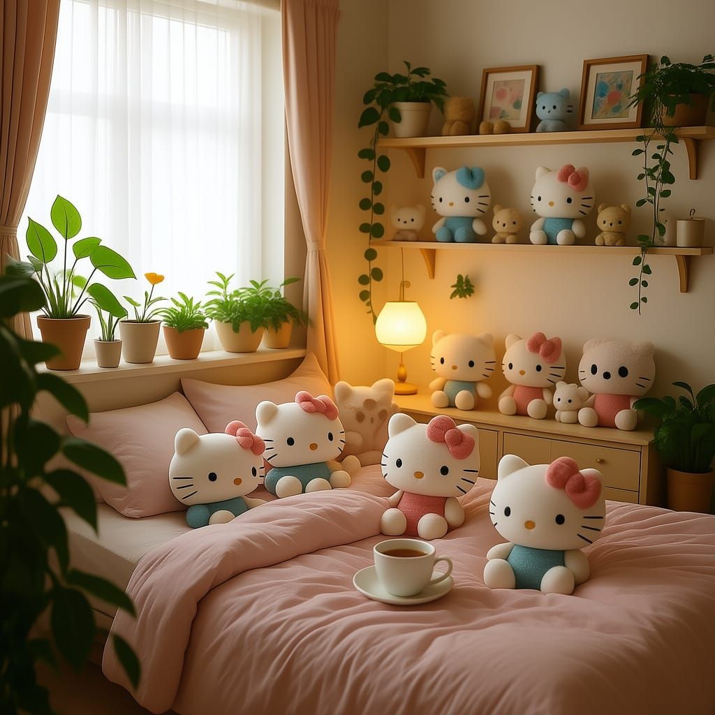 Cozy Bedroom with Sanrio Toys and Romantic Lighting