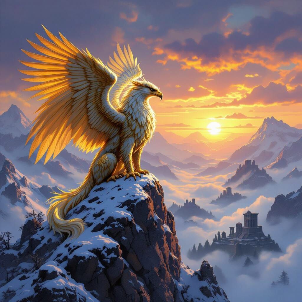 Griffin Perched on Mountain Peak at Sunset