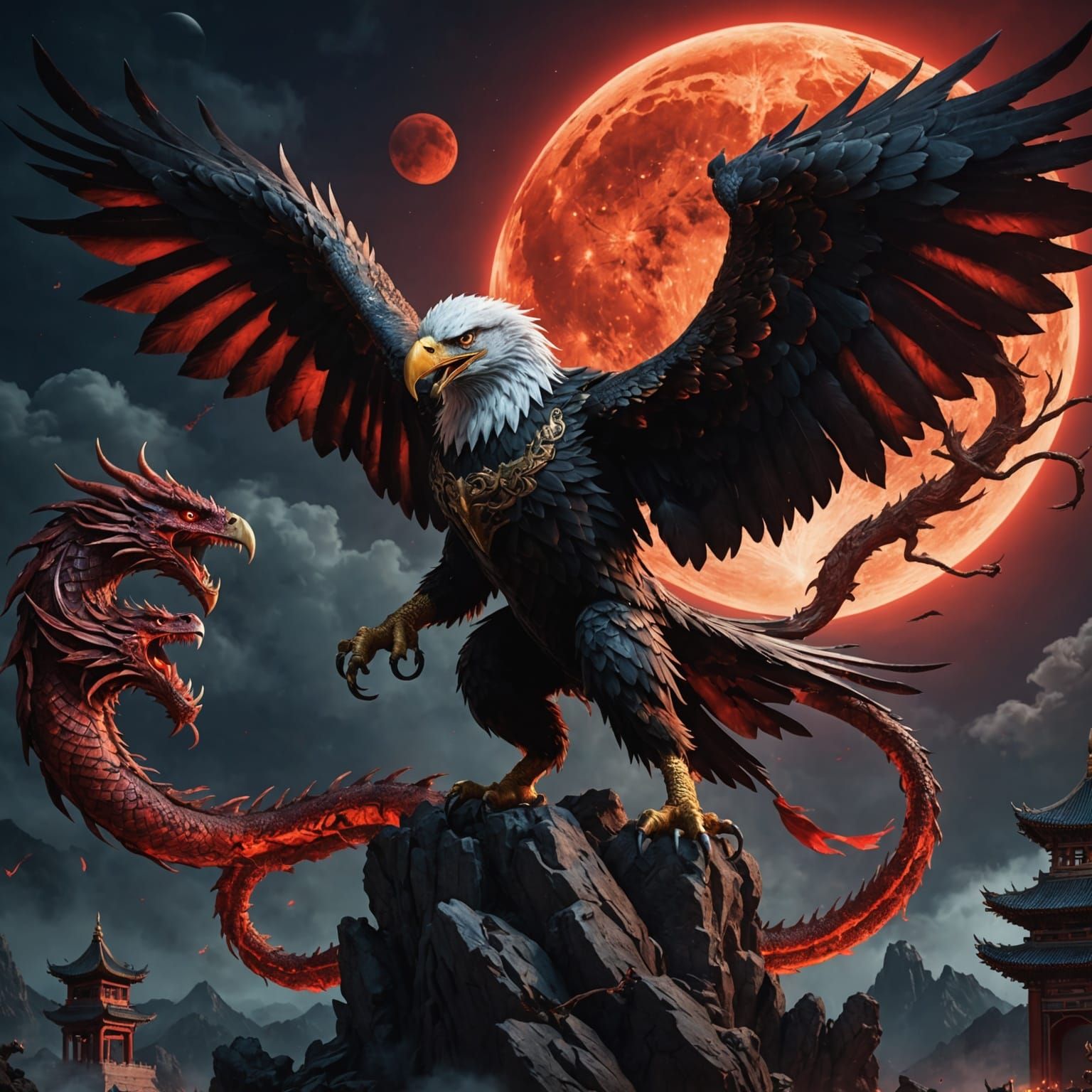 Eagle and Dragon Battle Under Blood Moon