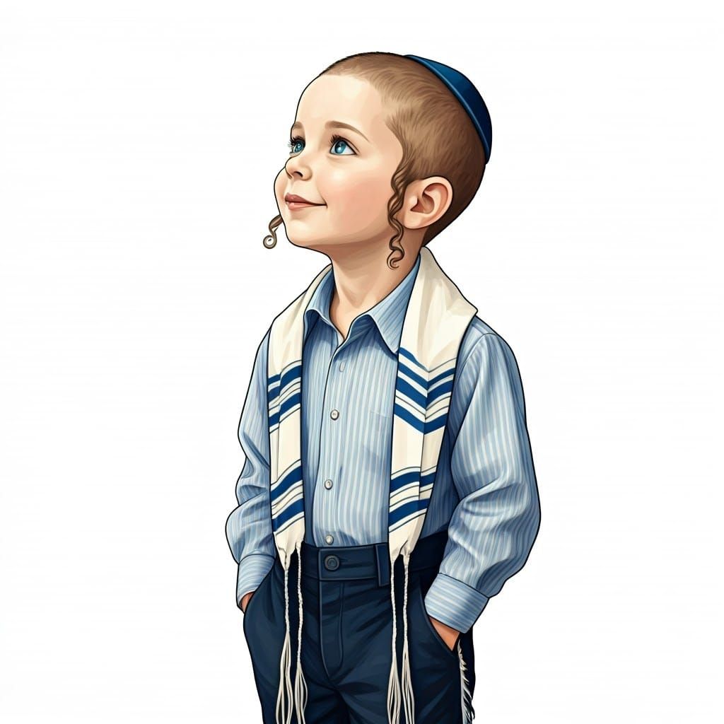 Sweet Ultra-Orthodox Boy with Tzitzit, in Rockwell Style