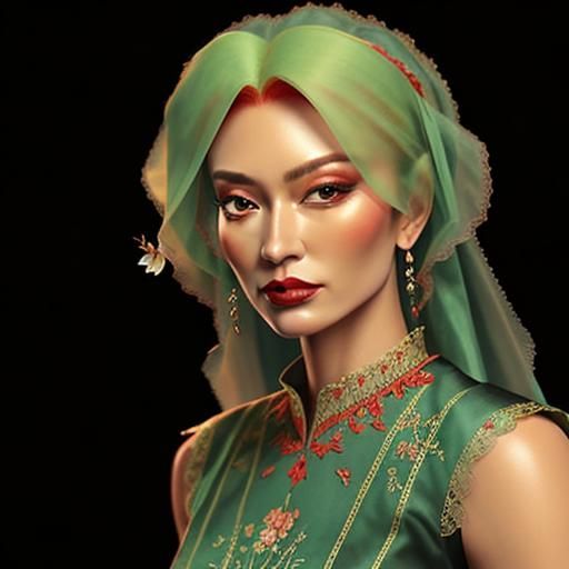 Woman in Crimson Dress with Delicate Embroidery