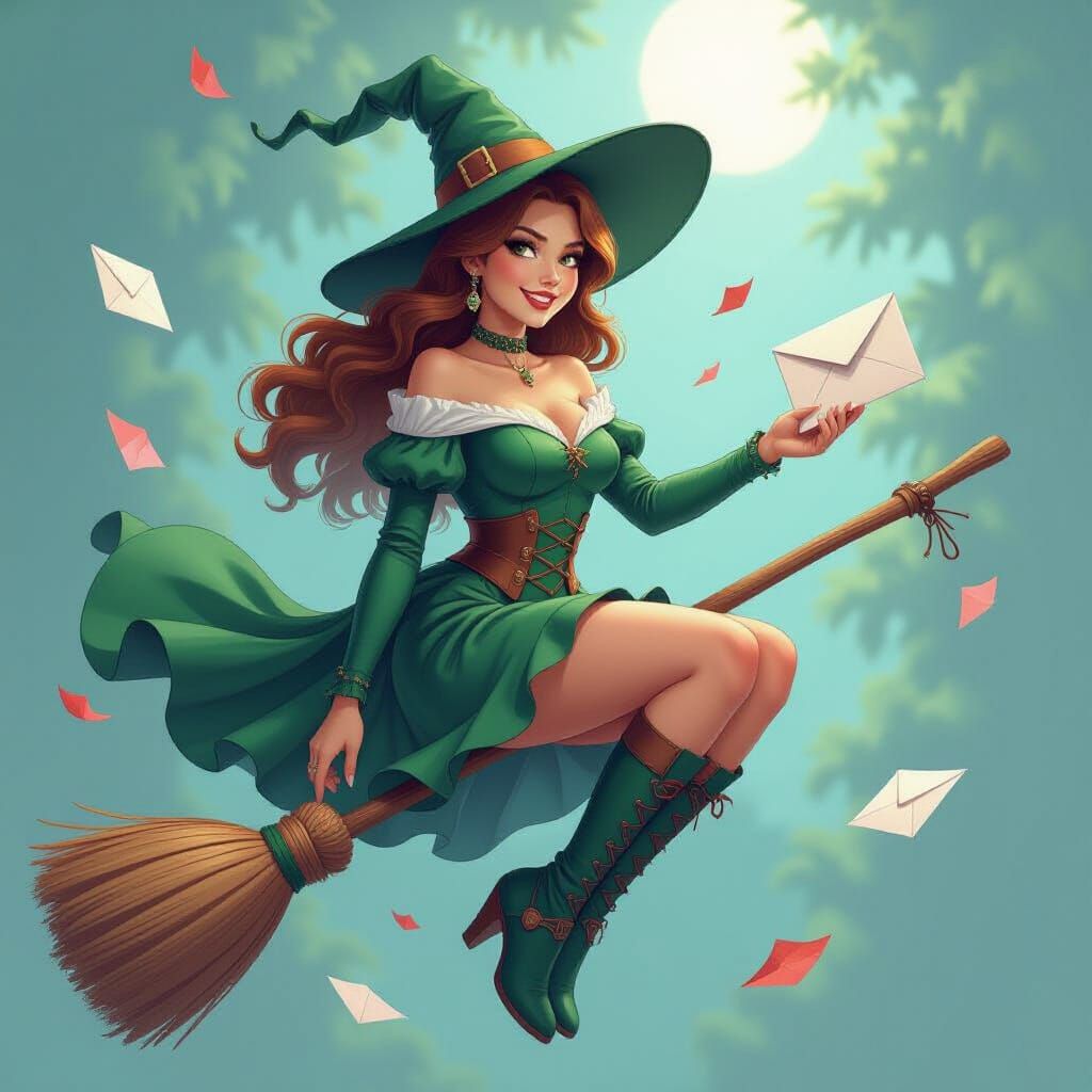 Retrofuturistic Techno Witch Delivering Mail on Broom