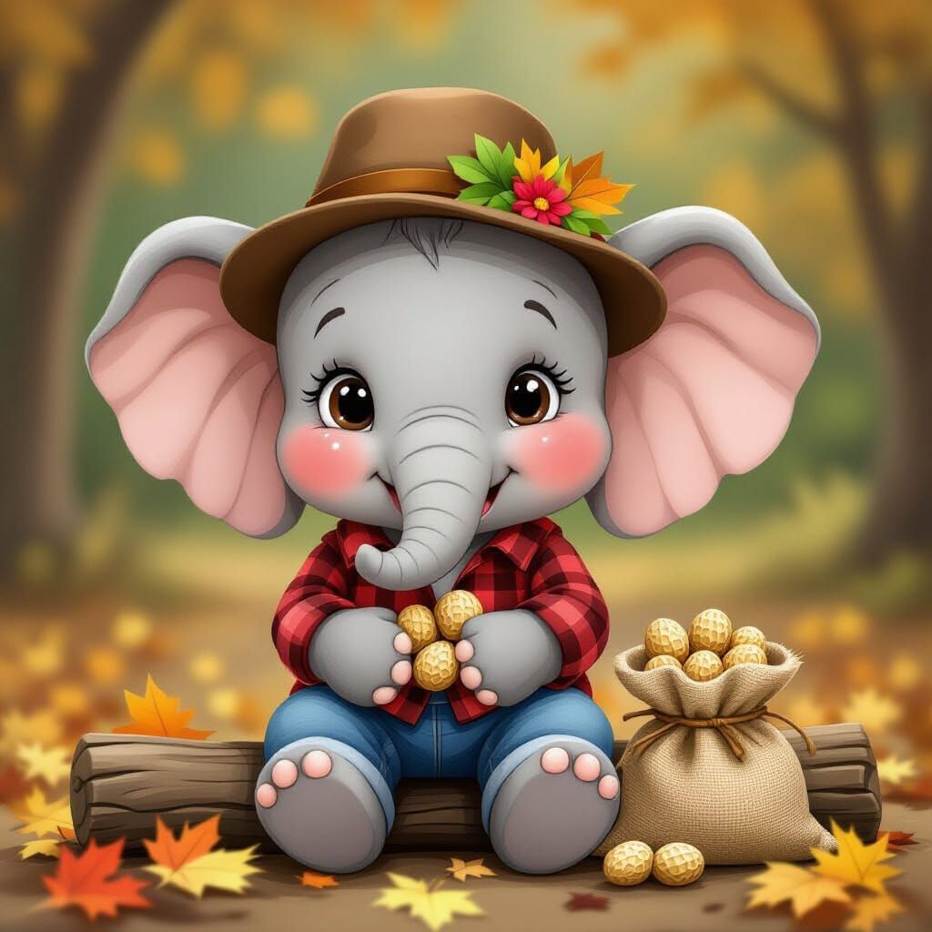 Cute Cartoon Elephant in Autumn Outfit Holding Peanuts